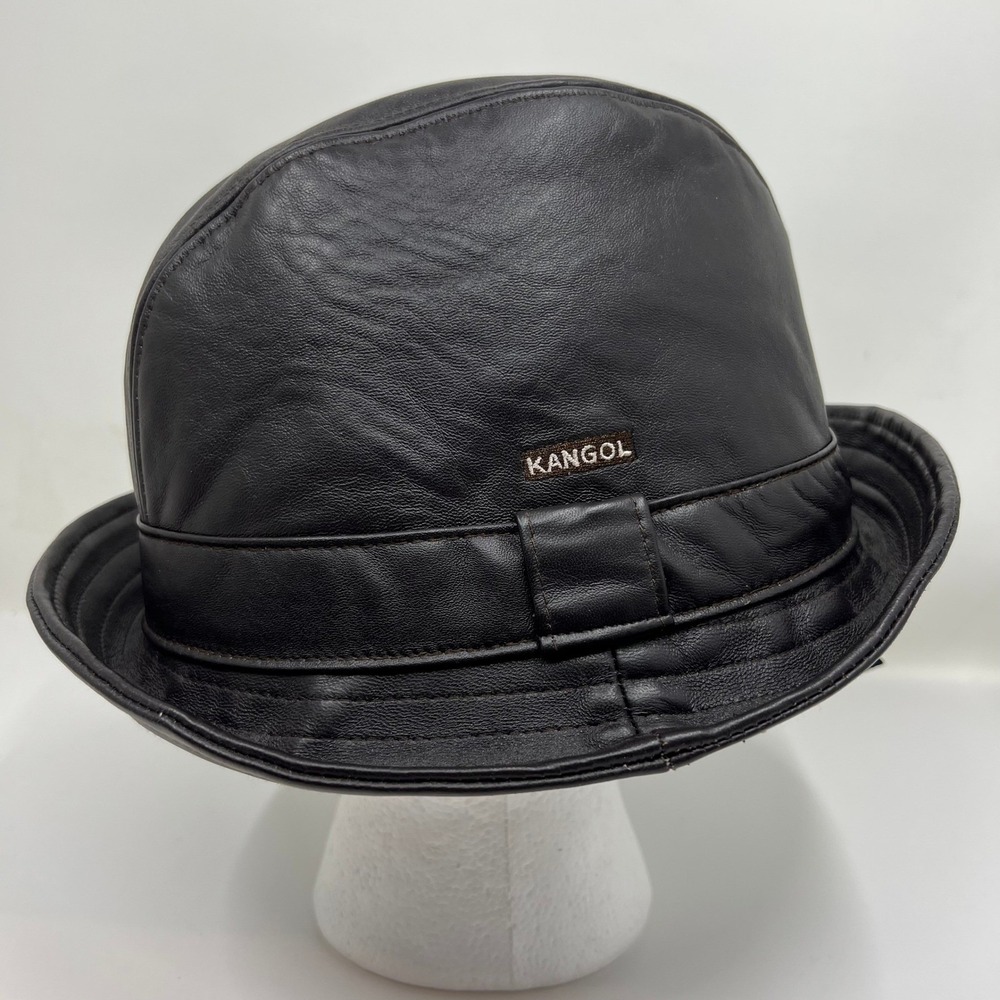 KANGOL 100% Plain Leather Player Hat Dark Brown Men's Large Fedora Style‎ NWT